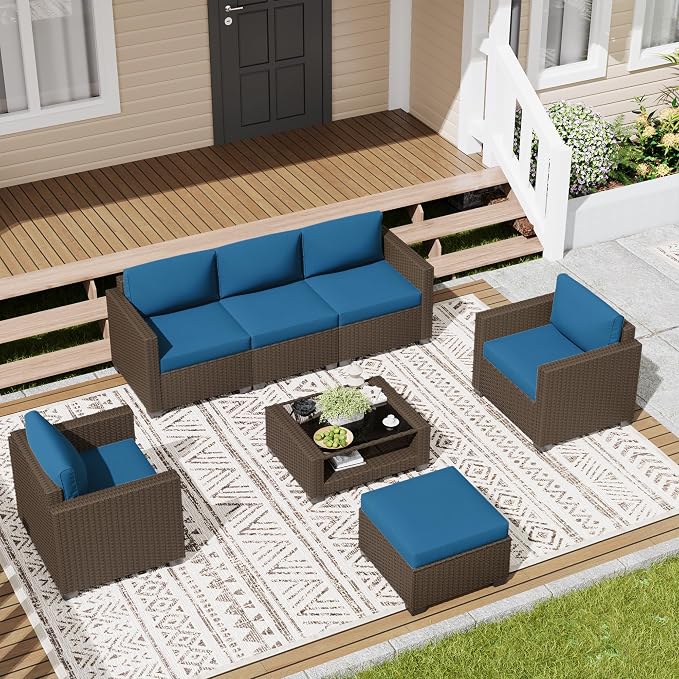 LOUVIXA 7 Piece Outdoor Patio Furniture Set, Rattan Chairs Glass Table Wicker - Image 3