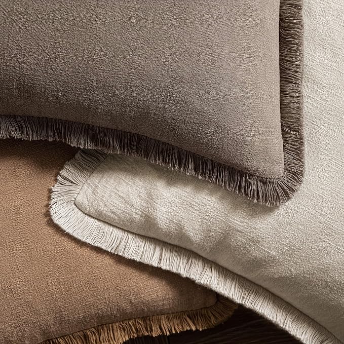 MIULEE Linen Fringe Decorative Fall Euro Throw Pillow Covers Coffee 22x22 | Set - Image 4