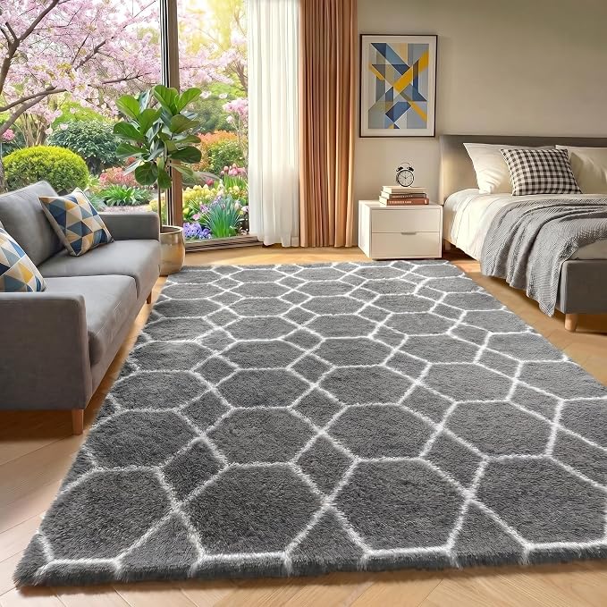 Area Rugs for Bedroom Living Room, 4x6 Fluffy Grey and White Geometric Rug | by ONASAR