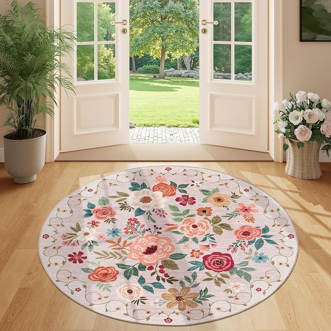 DUKINO 4ft Round Rug, Floral Washable Small Round Area Rug Non Slip, Low Pile - Image 3