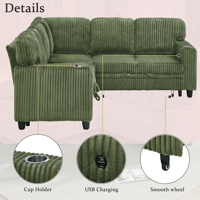 L-Shaped Sectional Couch with Storage and Pull Out Bed, Convertible Sofa Bed - Image 7