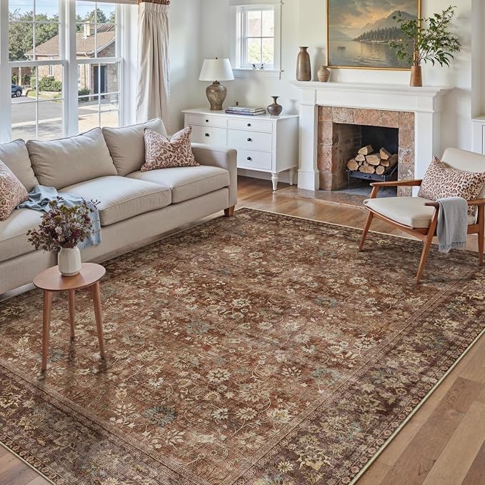 9x12 Brick Red Vintage Floral Washable Area Rug - Image 3