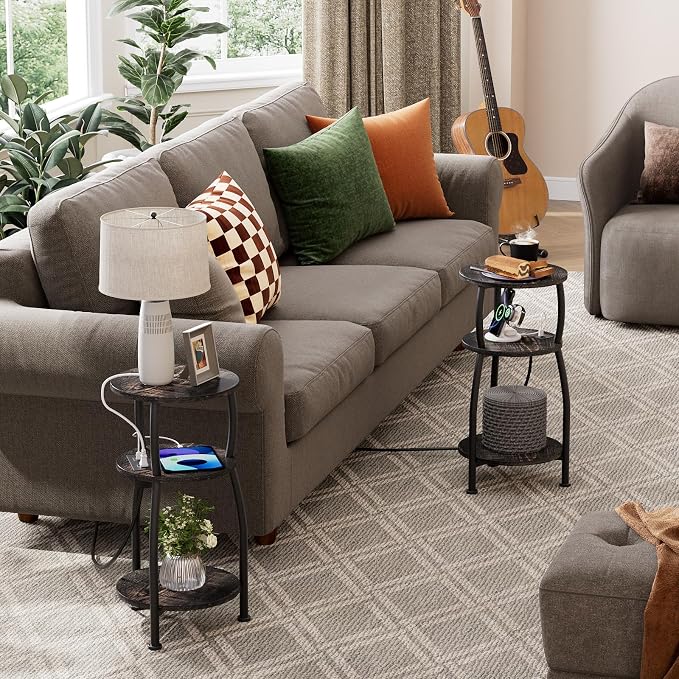 Round Side Table with Power Outlet & USB Ports, 3-Tier End Table with Storage - Image 6