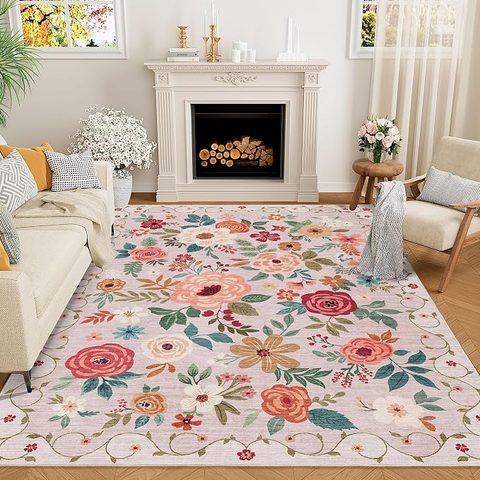 DUKINO 8x10 Area Rugs, Floral Washable Living Room Rug Non Slip, Stain Resistant by DUKINO