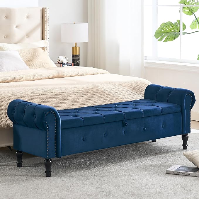 Storage Bench for Bedroom, Velvet 67" End of Bed Bench, King Size Bench by HOMYKA
