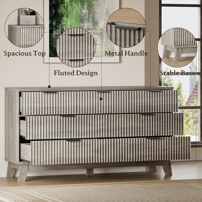 BORNOON 57" Long Dresser for Bedroom, 7-Drawer Fluted Chest, Wide Wood Storage - Image 5
