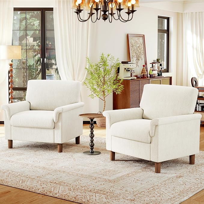 Mid Century Modern Accent Chairs Set of 2, Chenille Comfy Living Room Arm Chairs by ErdoruLiving