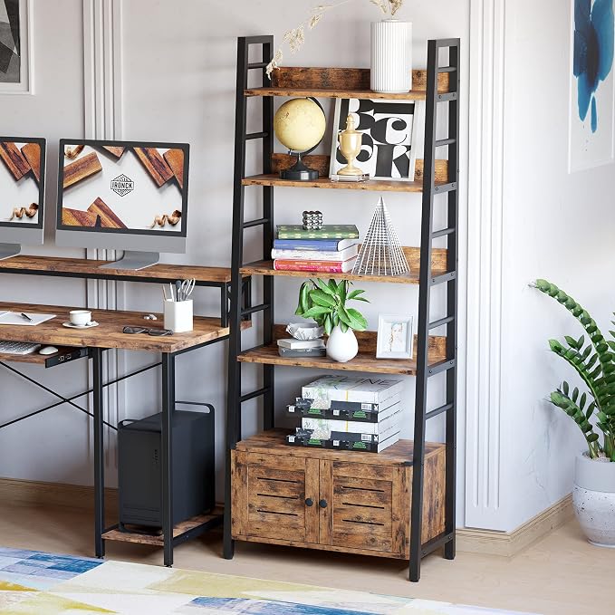 IRONCK Bookshelf with Louvered Doors, 4-Tier Ladder Shelf with Cabinet - Image 2