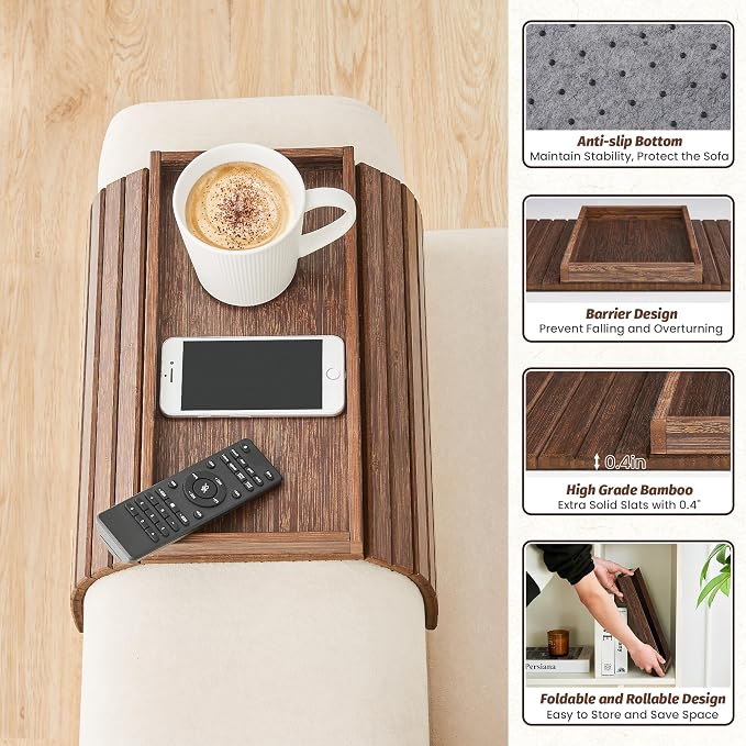 GEHE Bamboo Sofa Arm Tray, Foldable Couch Arm Tray Side Table, Anti-Falling - Image 6