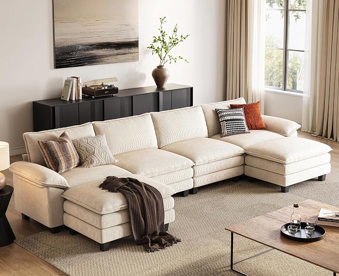 LINSY HOME 157" Modular U-Shaped Sectional Sofa, 4-Seat Corduroy Modern Cloud by LINSYHOME