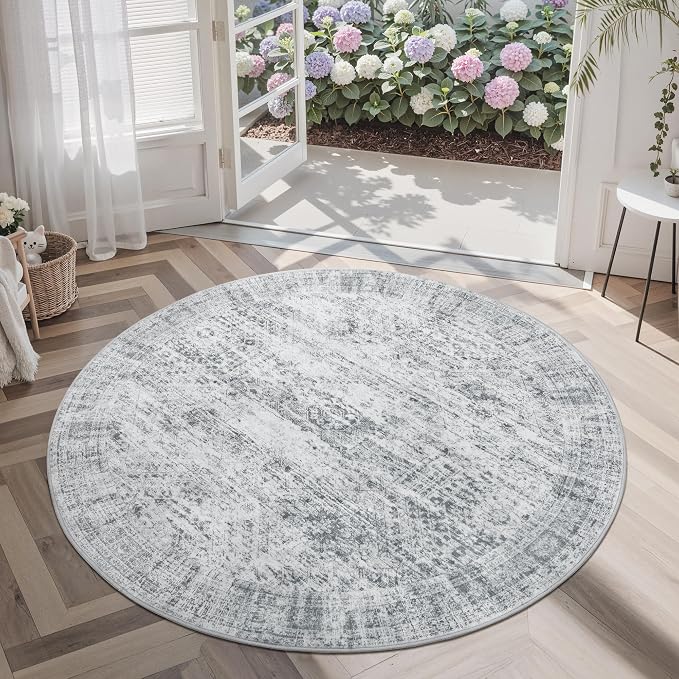 Soalmost 5x5 Grey Round Rug 6ft Circle Living Room Area Rugs Non-Slip | - Image 7