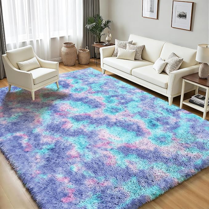 PLHXFR 4x6 Area Rugs Living Room: Fluffy Bedroom Soft Shag Rug Kid Rainbow | - Image 3