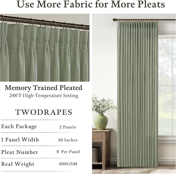 108 Inch Pinch Pleated Light Filtering Linen Memory Trained Green Curtains | - Image 4