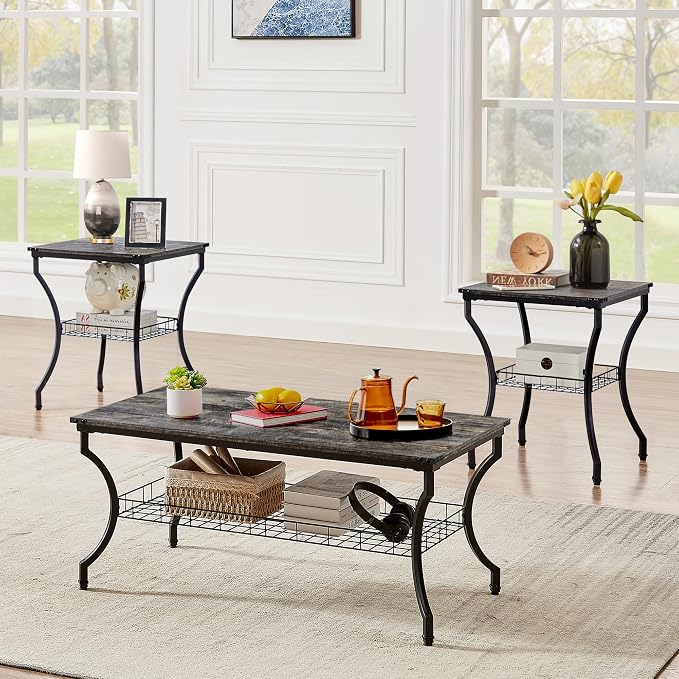 VECELO 3 Pieces Living Room Table Sets, Coffee and End Tables by VECELO