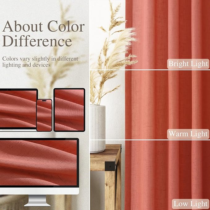 Coral Linen Curtains 120 Inches Long 2 Panels Set Back Tab Loop Pocket Light - Image 3