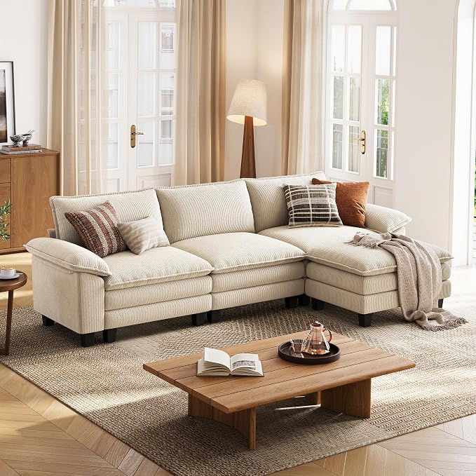 LINSY HOME 123" Modular L-Shaped Sectional Sofa, 3-Seat Corduroy Modern Cloud by LINSYHOME