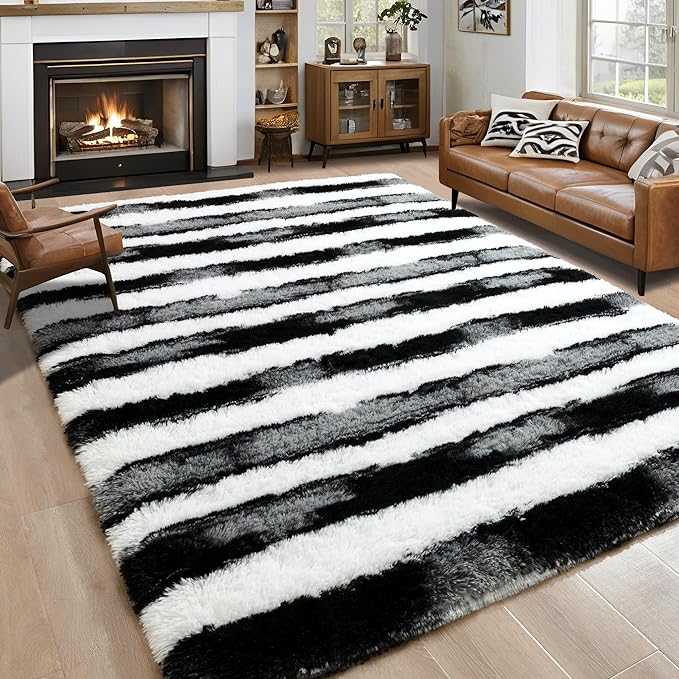 6x9 Large Black and White Fluffy Area Rug Non-Slip by ModernHomeDecor