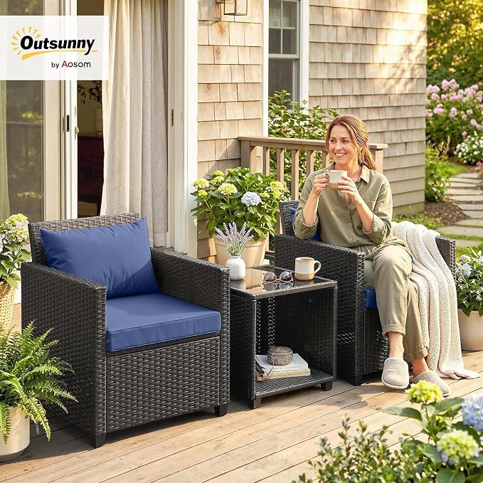 Outsunny 3 Piece Patio Furniture Set, Wicker Outdoor Bistro Set - Image 2