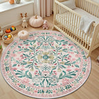 PLHXFR Round Area Rug Living Room: 6 ft Floral Washable Carpet Pink Green | - Image 5