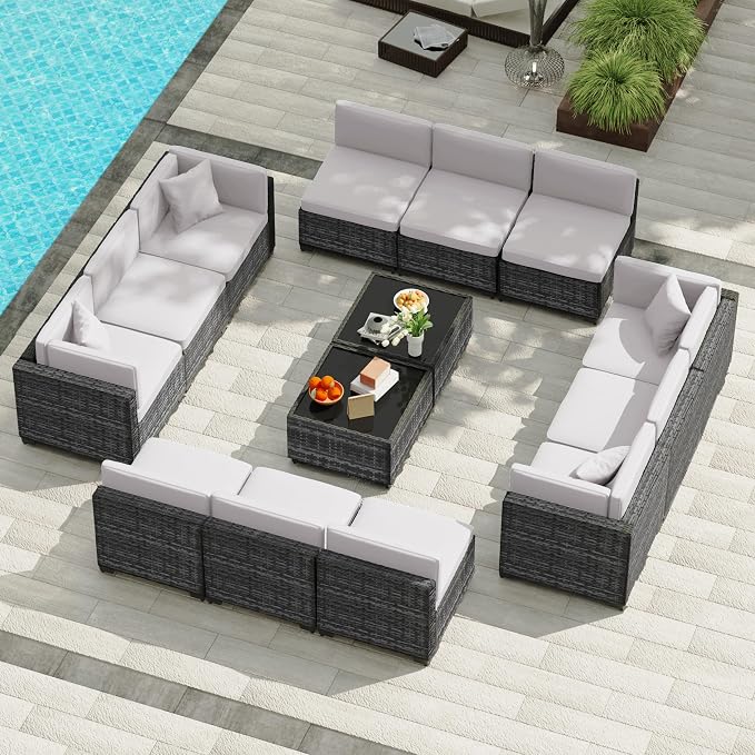 KIGOTY Patio Furniture Set, 14 Pieces Modular Outdoor Sectional Sofa, PE Rattan - Image 7