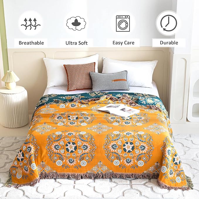 LUTBM Boho Throw Blanket for Bed 100% Cotton Soft Lightweight Quilt Reversible - Image 2