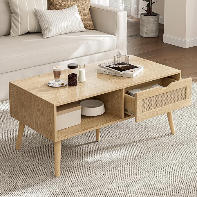 ZttRiee Coffee Table with Storage, Boho Dining Table with Rattan Drawer and by ZttRiee