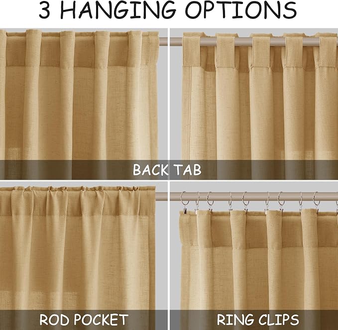 Gold Yellow Linen Curtains for Living Room 63 Inches Long 2 Panel Set Light - Image 2