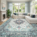 RELEANY Washable Area Rug, Large 9'x12', Teal Green/White/Navy | Non-Slip by RELEANY