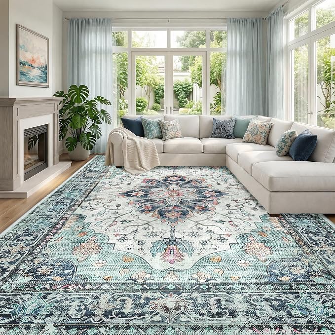 RELEANY Washable Area Rug, Large 10'x14', Teal Green/White/Navy | Non-Slip by RELEANY