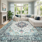 RELEANY Washable Area Rug, Large 10'x12', Teal Green/White/Navy | Non-Slip by RELEANY