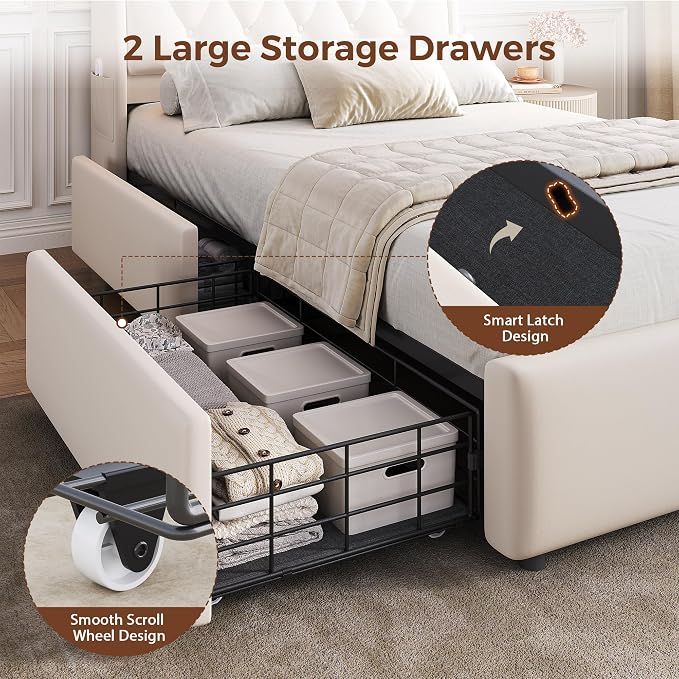Twin LED Velvet Bed Frame with 2 Storage Drawers&Hidden Headboard, Upholstered - Image 8