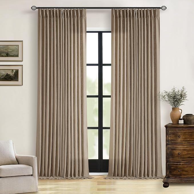 Pinch Pleat Semi Sheer Light Brown Linen Living Room Curtains 90 Inch Long | - Image 9