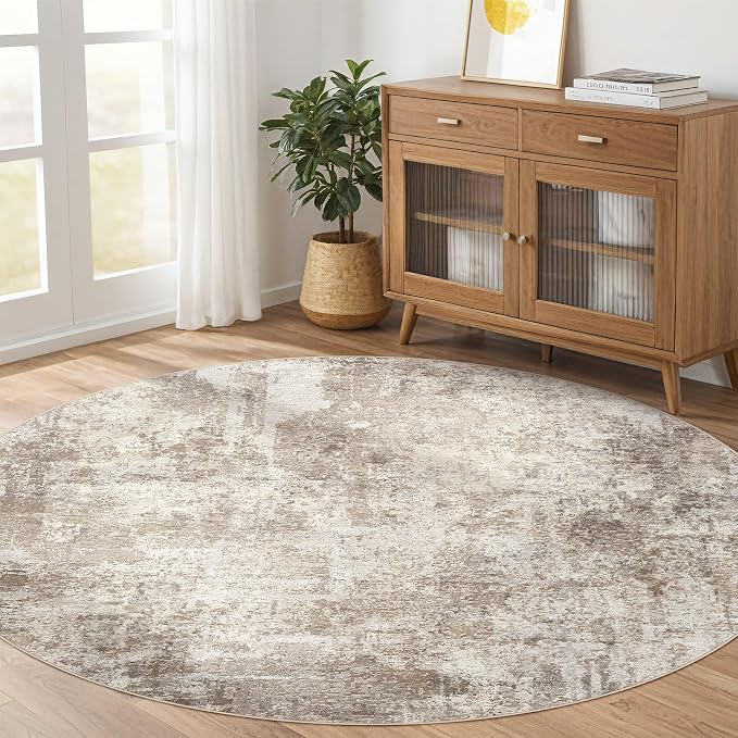 LOONGRUG Round Rug 6x6 Washable Neutral Modern Circle Area Rug Brown Beige | - Image 8