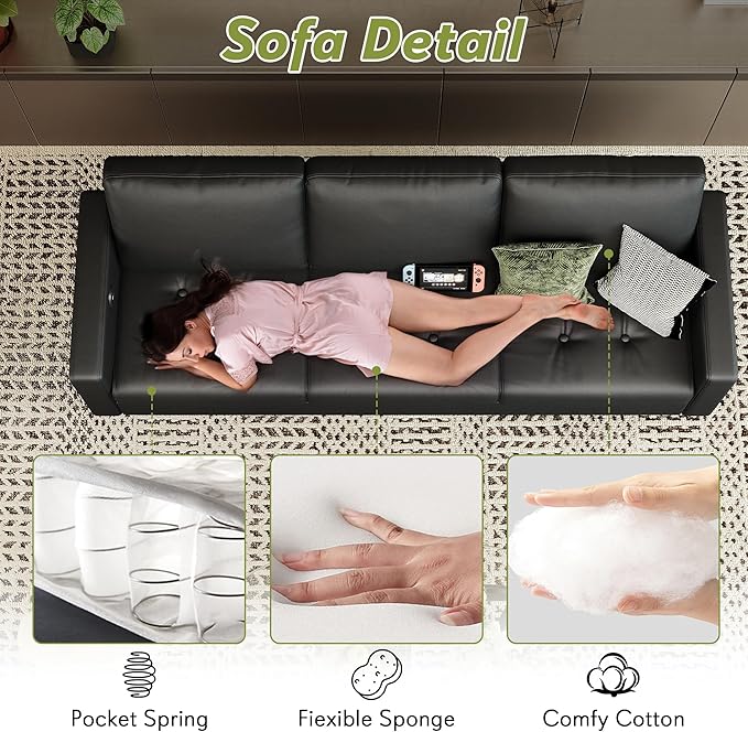 STHOUYN 73” Black Faux Leather Sofa Couch, Modern Comfy Office 3 Seater Couch - Image 7