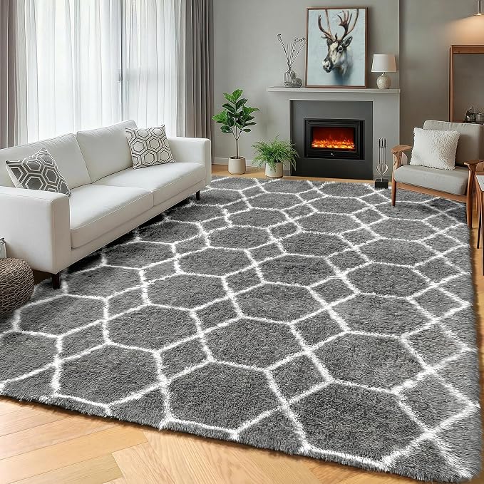 Area Rugs for Living Room, 7x10 Fluffy Grey and White Geometric Bedroom Rug | - Image 6