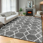 Area Rugs for Living Room, 7x10 Fluffy Grey and White Geometric Bedroom Rug | - Image 6
