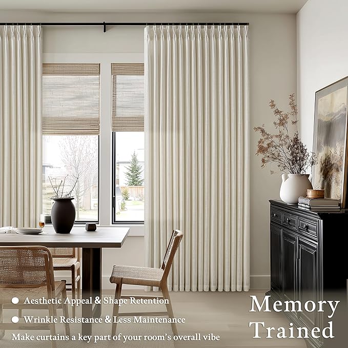Semi Sheer Flax Linen Blend Pinch Pleat Beige Linen 72 Inch Curtains 50W | - Image 6