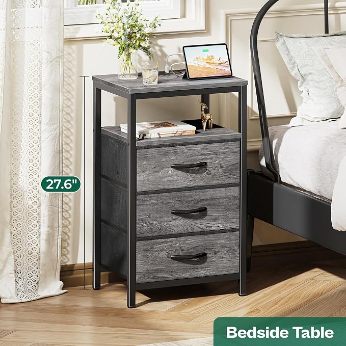 Huuger Nightstand with Charging Station, 27.6 Inch End Table Bedside Table with - Image 3