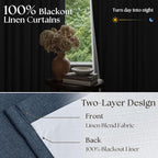 Navy Blue Linen Blackout Pinch Pleated Double Layer Curtains 90 Inches Long | - Image 5