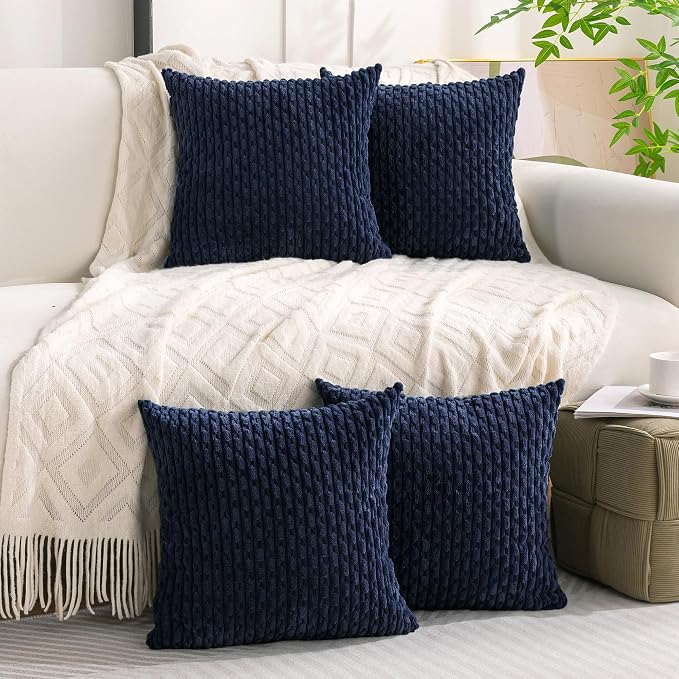 Set of 4 Navy Blue Decorative Throw Pillow Covers 18x18 Inch Corduroy Pillow - Image 6