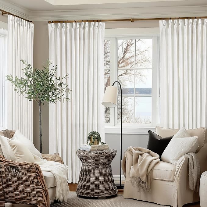 Beige White Pinch Pleat Semi Sheer Linen Curtain W70xL108 1 Panel | Light - Image 8