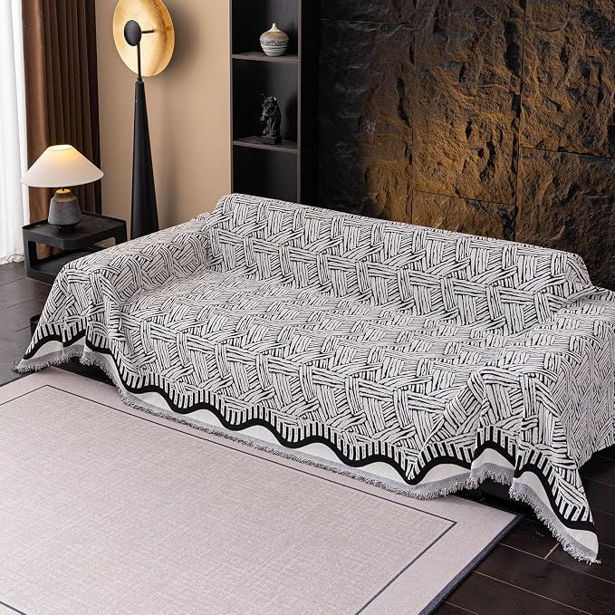 VClife Boho Couch Cover, Abstract White and Black Line Geometric Jacquard Couch - Image 3
