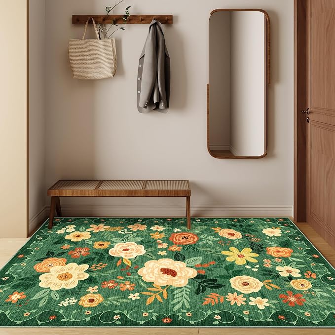 DUKINO 4x6 Area Rug, Floral Washable Office Chair Rug Non Slip, Dark Green | - Image 7