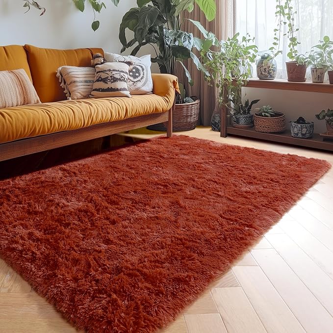 Amdrebio Terracotta Rust Furry Area Rug 5x7 - Image 3