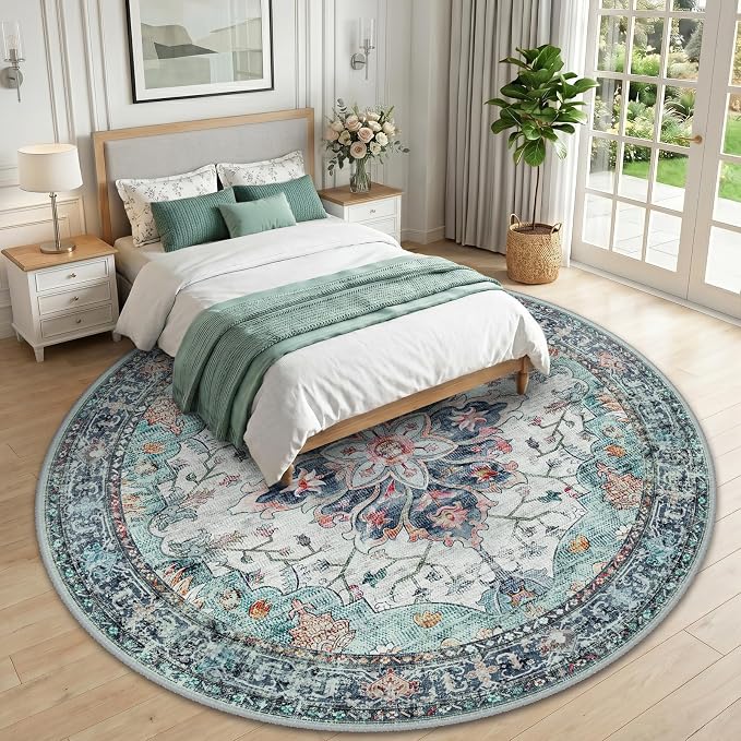 RELEANY Washable Area Rug, Round 10ft, Teal Green/White/Navy | Non-Slip - Image 2