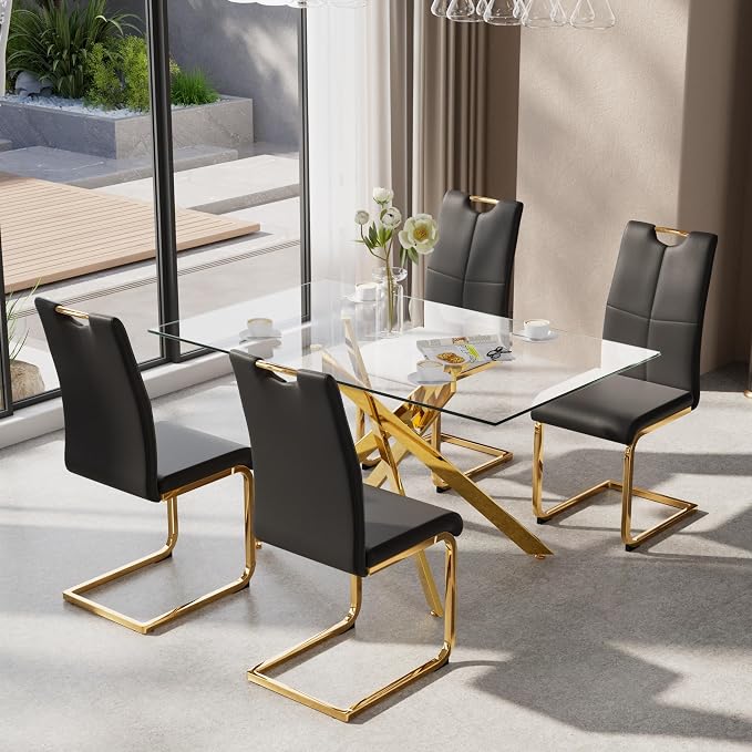 5-Piece Dining Table Set for 4, Modern Rectangular Glass Table by KATBOCFurniture
