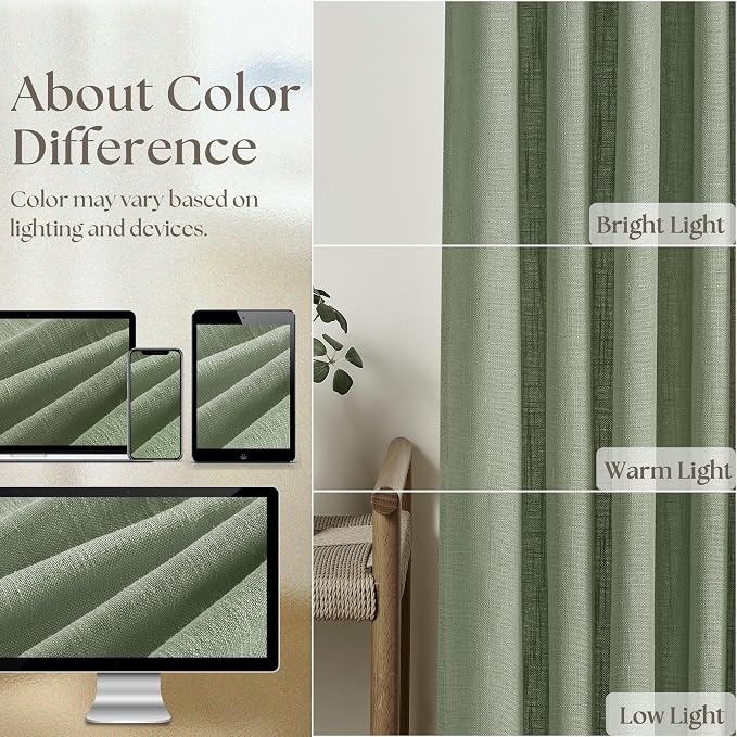 Sage Green Pinch Pleated Linen Semi Sheer Curtains 45 Inch Length 2 Panels | - Image 4