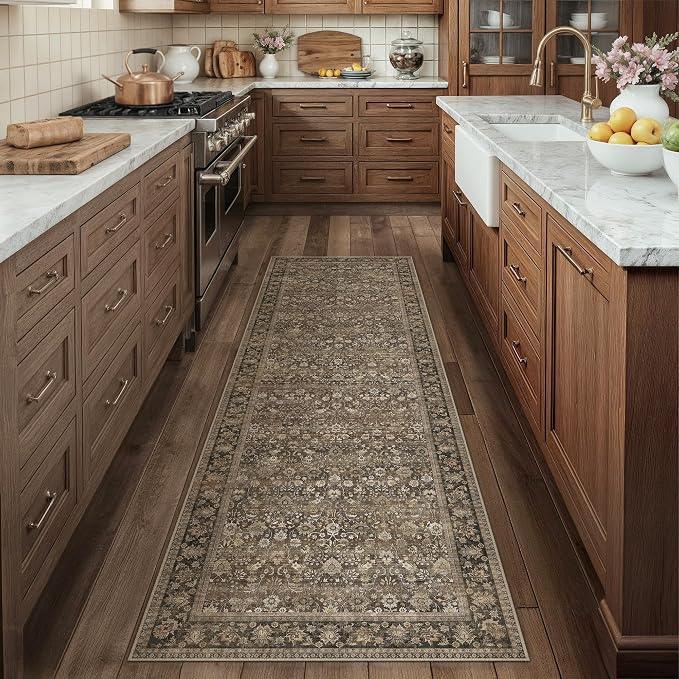 2x12 Brown Vintage Floral Washable Runner Rug - Image 3