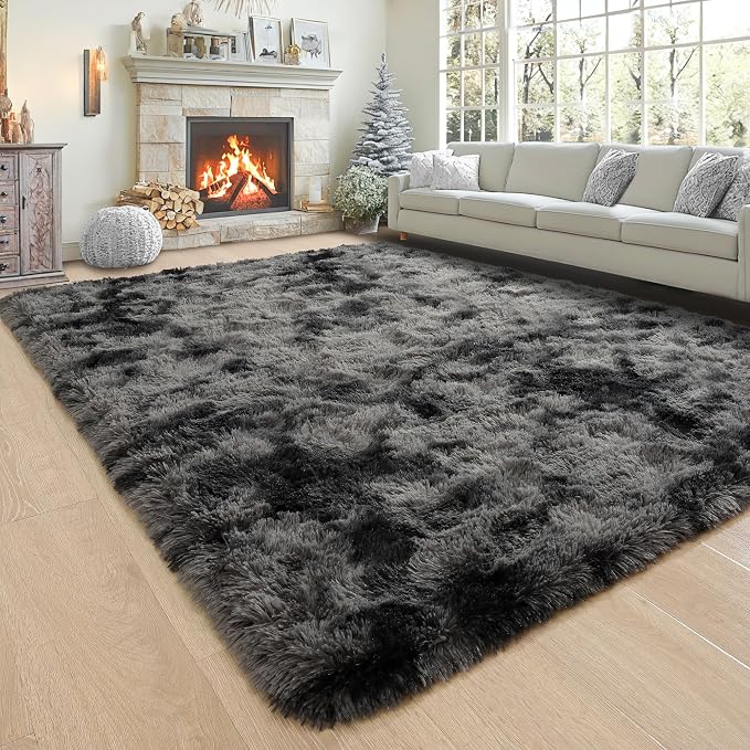 4x6 Tie-Dyed Dark Grey Fluffy Area Rug Non-Slip - Image 8