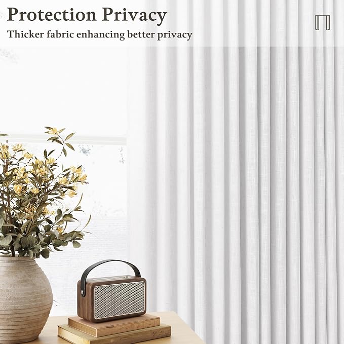 White Thick Linen Pinch Pleated Semi Sheer Curtains 132 Inches Long 2 Panel | - Image 6